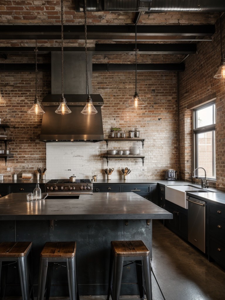 Industrial-style kitchen with exposed brick walls, metal countertops, and vintage-inspired lighting fixtures for a unique and edgy vibe.