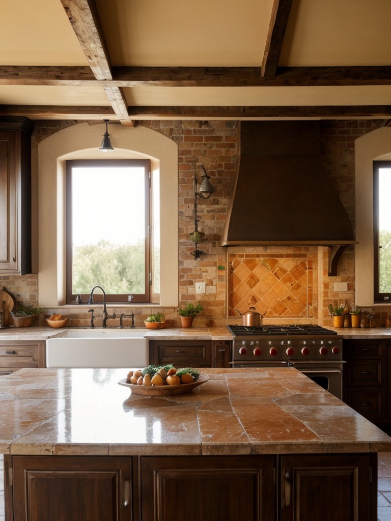 Italian-inspired kitchen with rustic terracotta tiles, wrought iron accents, and rich, warm colors to create a Mediterranean atmosphere.