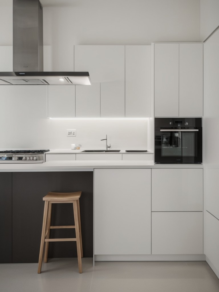 Minimalist kitchen with clean lines, hidden storage, and a monochromatic color scheme to create a sleek and calming environment.