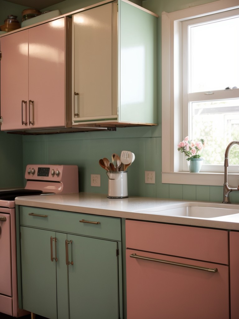 Retro-inspired kitchen with pastel-colored appliances, vintage signage, and mid-century modern furniture for a nostalgic and chic look.