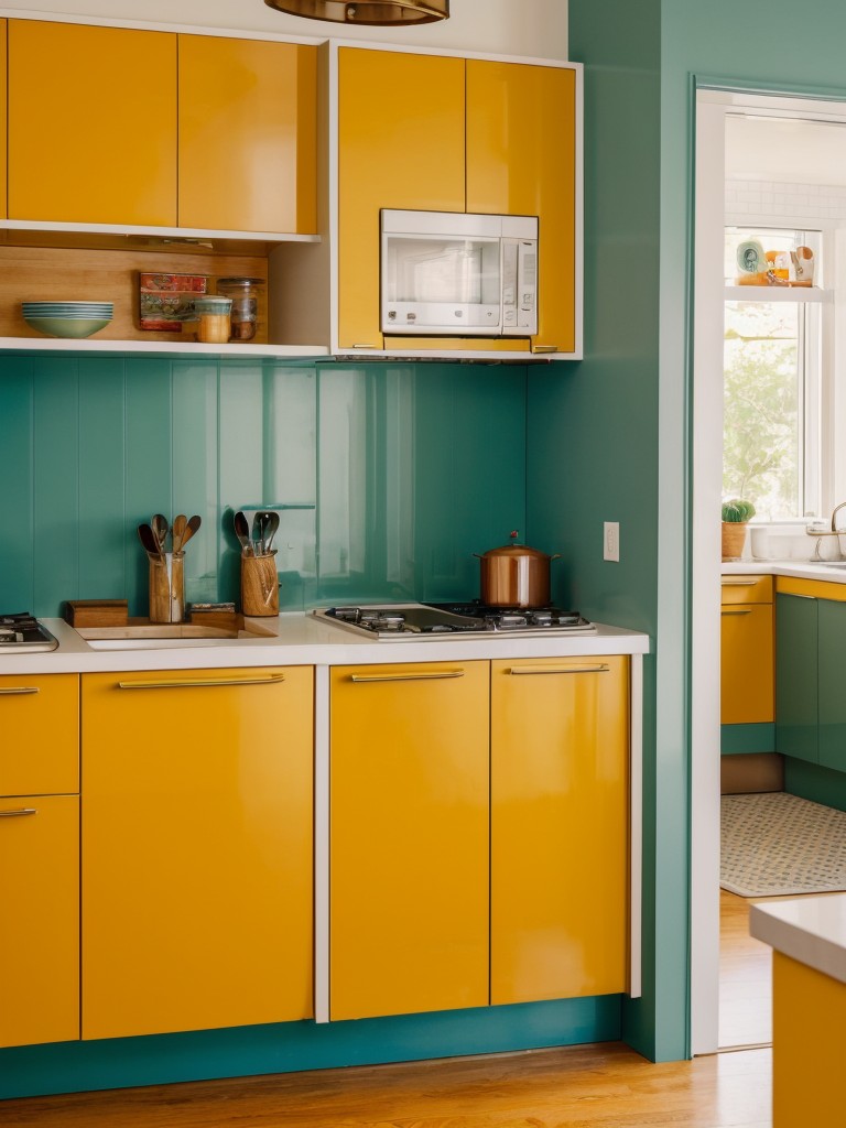 Retro-modern kitchen design with clean lines, bold pops of color, and vintage-inspired accessories for a playful and nostalgic atmosphere.