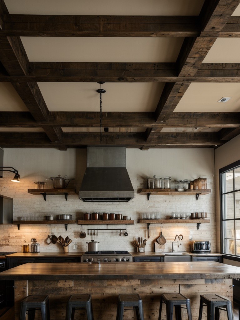 Rustic industrial kitchen featuring salvaged materials, exposed beams, and vintage signage for a rustic yet edgy aesthetic.