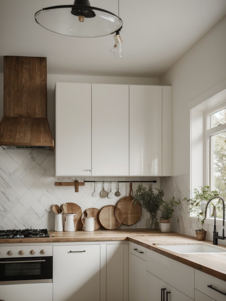 Scandinavian boho kitchen design with a blend of minimalism and bohemian elements, neutral colors, and natural textures for a cozy and relaxed vibe.