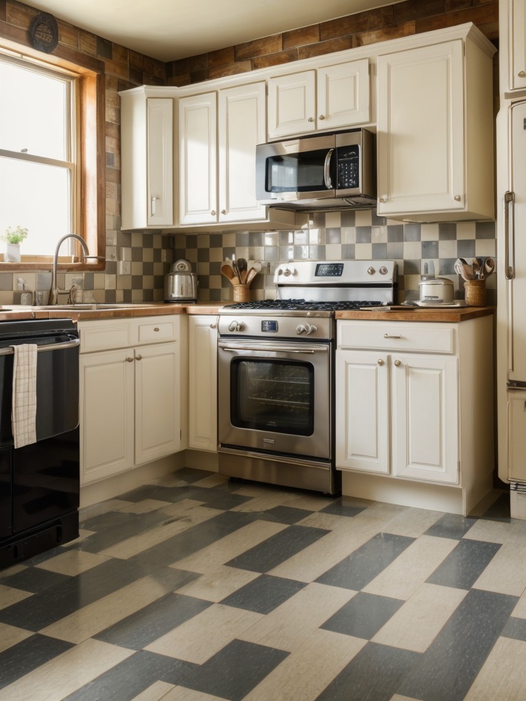Vintage-inspired kitchen with retro appliances, checkerboard flooring, and antique accessories for a nostalgic and charming look.