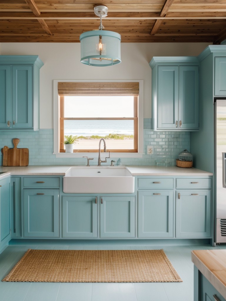 A beach house-inspired kitchen design with light blue or turquoise cabinets, coastal-themed accessories, and natural materials like rattan or bamboo for a relaxed and beachy feel.