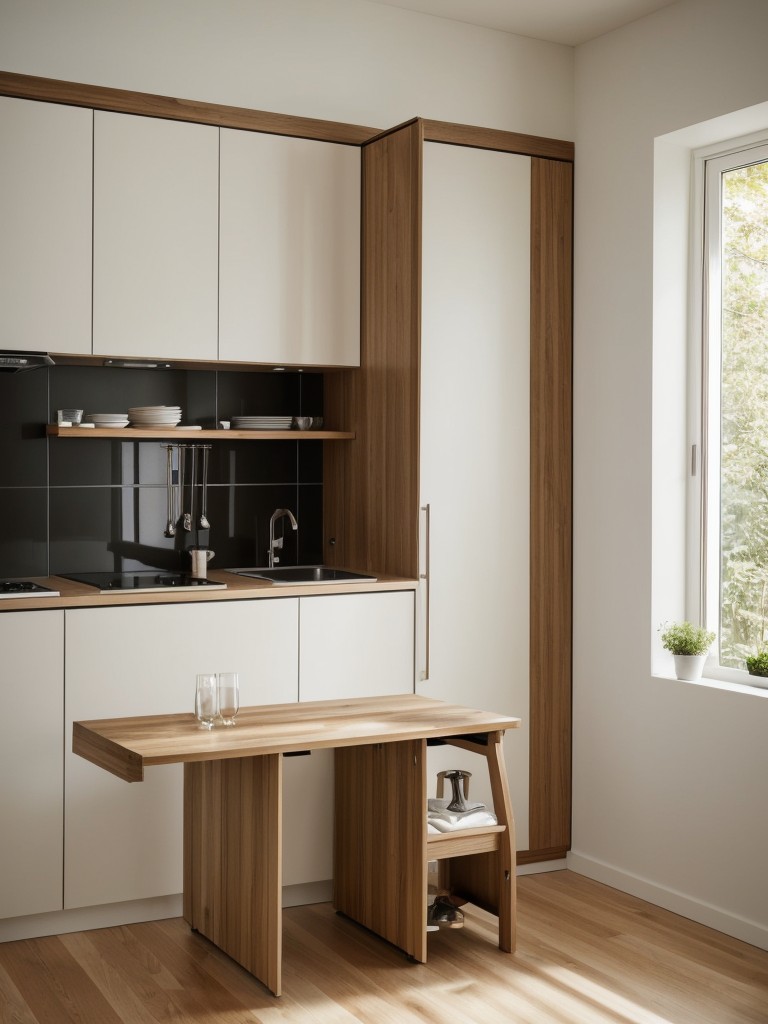 A compact kitchen design that utilizes space-saving features like a foldable or expandable dining table, built-in appliances, and clever storage solutions to maximize functionality in a small area.