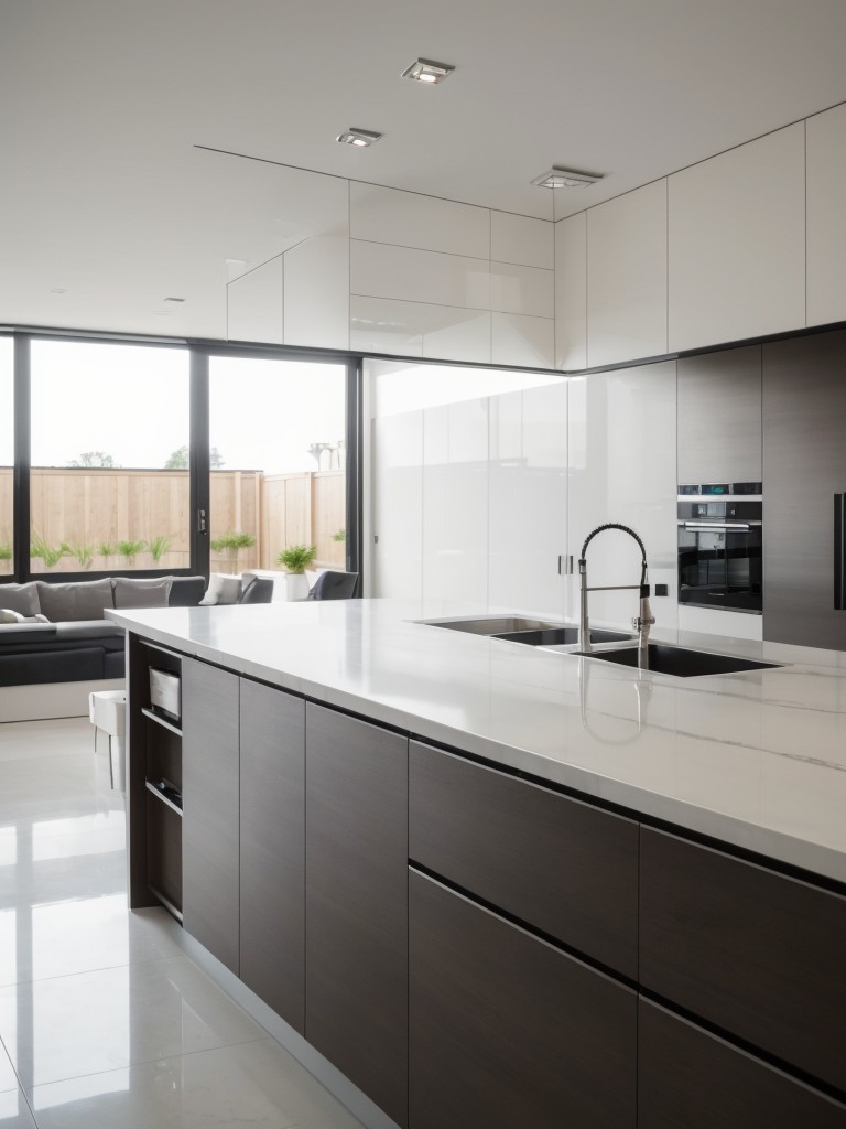 A contemporary kitchen design with sleek and glossy finishes, metallic accents, and minimalist decor to achieve a modern and stylish look.
