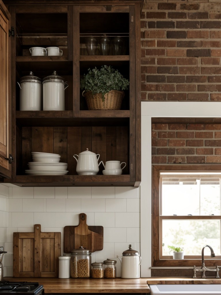 A farmhouse-inspired kitchen design with rustic wooden cabinets, exposed brick walls, and vintage-inspired accents for a cozy and nostalgic feel.