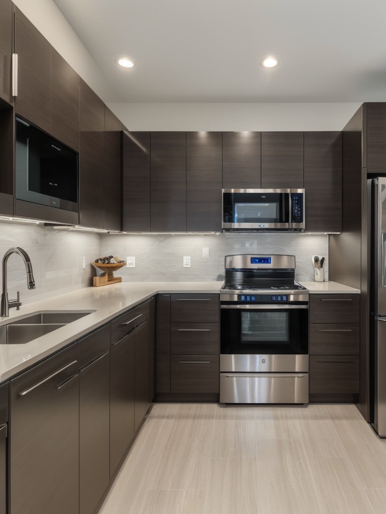 A high-tech kitchen design featuring smart appliances, touch-screen surfaces, and automated features like sensor-activated faucets or built-in USB charging ports for a futuristic and convenient cooking experience.