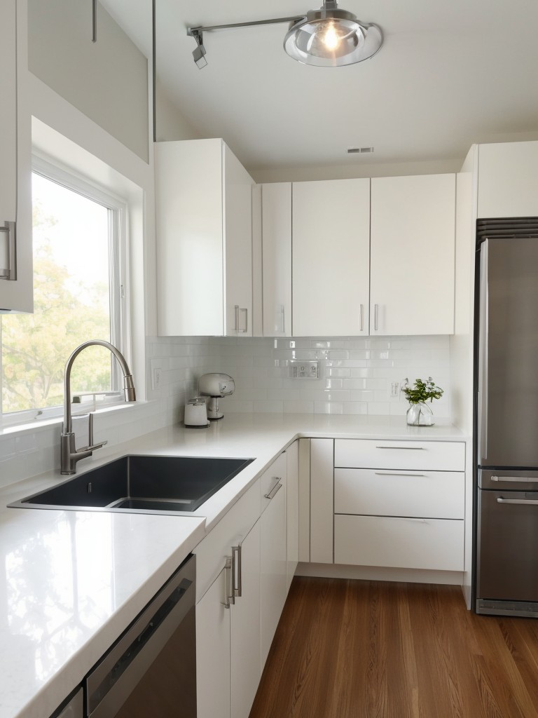 A minimalist kitchen design with all-white cabinets, countertop, and backsplash, complemented by a pop of color through kitchen accessories or a statement light fixture.