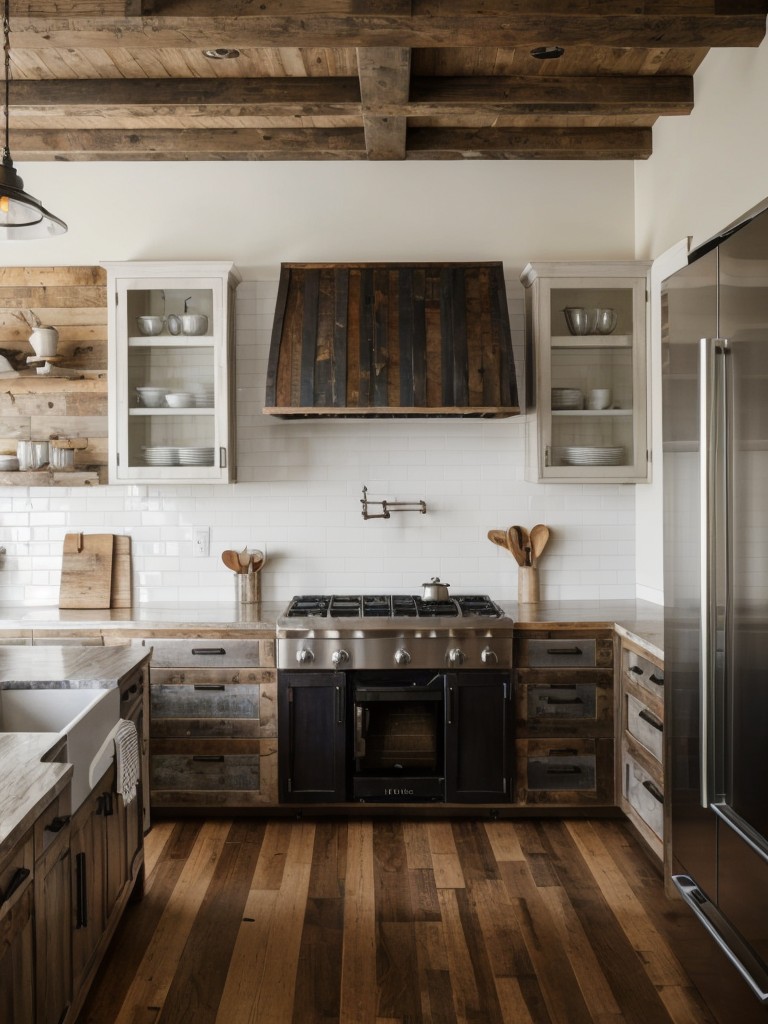 A modern farmhouse kitchen design that combines rustic elements like reclaimed wood accents and farmhouse sink with sleek and streamlined features like stainless steel appliances and quartz countertops.