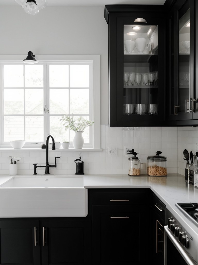 A monochromatic kitchen design with black and white elements, including cabinets, countertops, and backsplash, for a timeless and sophisticated aesthetic.