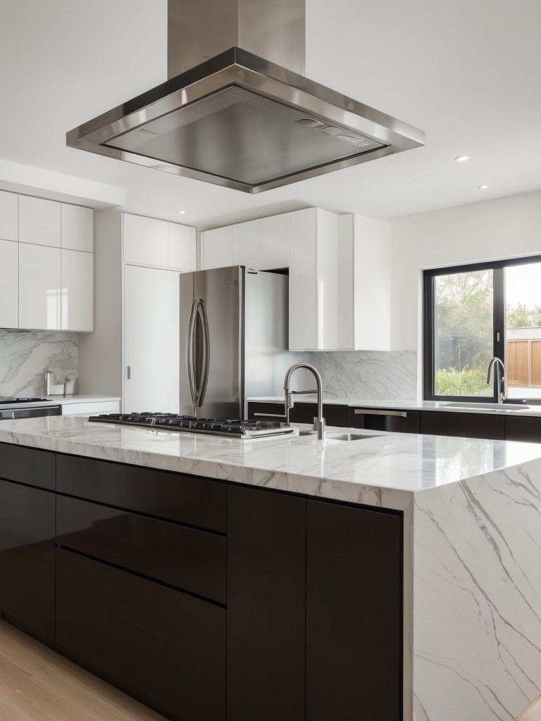 A sleek and minimalist kitchen design featuring stainless steel appliances, white cabinets, and marble countertops for a modern and sophisticated look.
