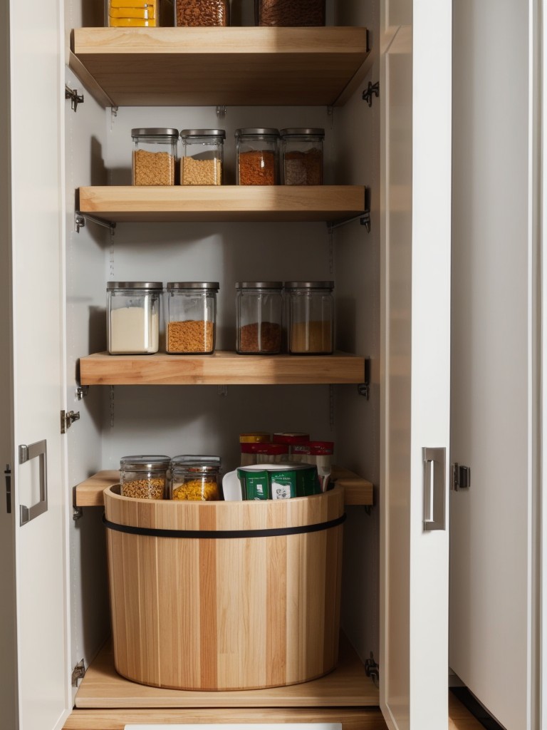 A small apartment kitchen design that maximizes storage space with tall cabinets, pull-out pantry shelves, and innovative storage solutions like hanging pot racks or magnetic knife strips.