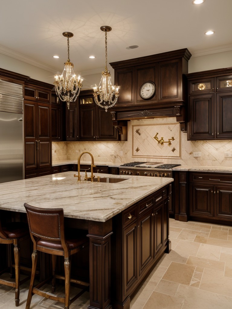 A traditional European kitchen design with ornate detailing, antique-inspired furniture, and luxurious materials like marble or granite for an opulent and elegant space.