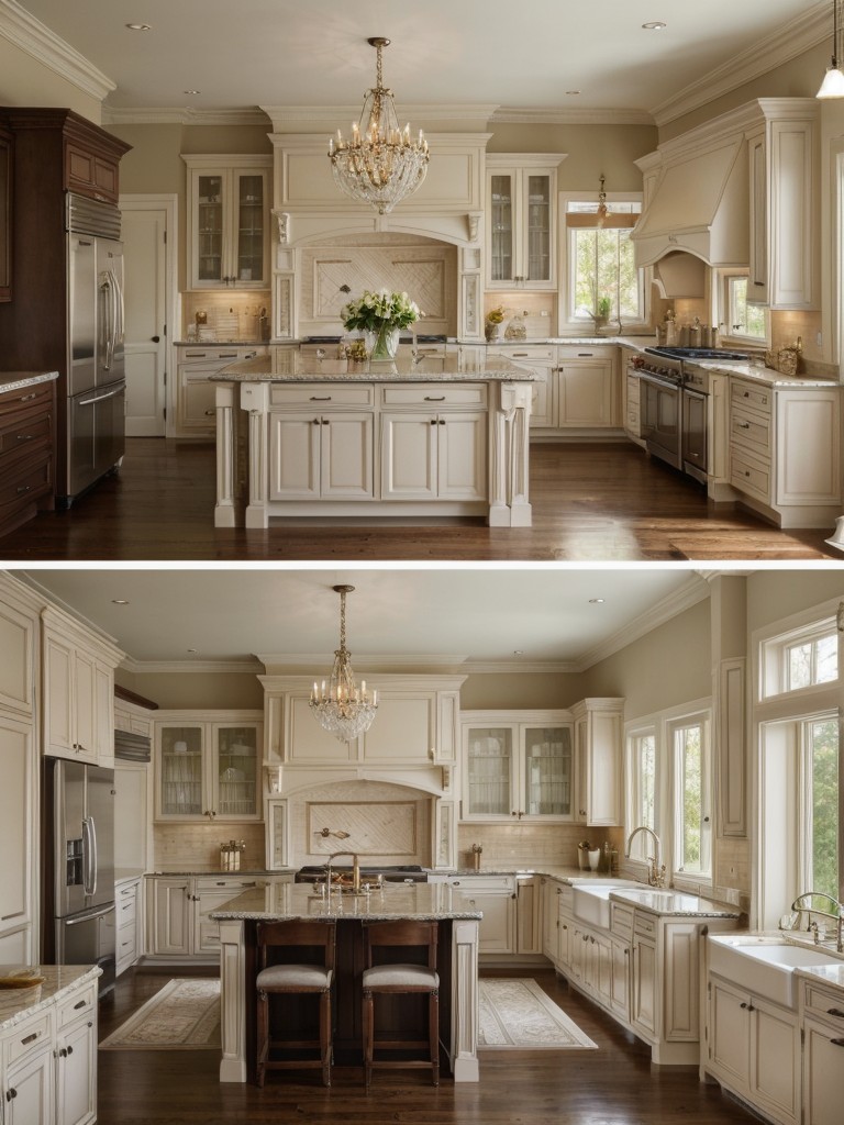 A traditional kitchen design with elegant details like decorative moldings, glass-front cabinets, and a statement chandelier to create a classic and timeless look.