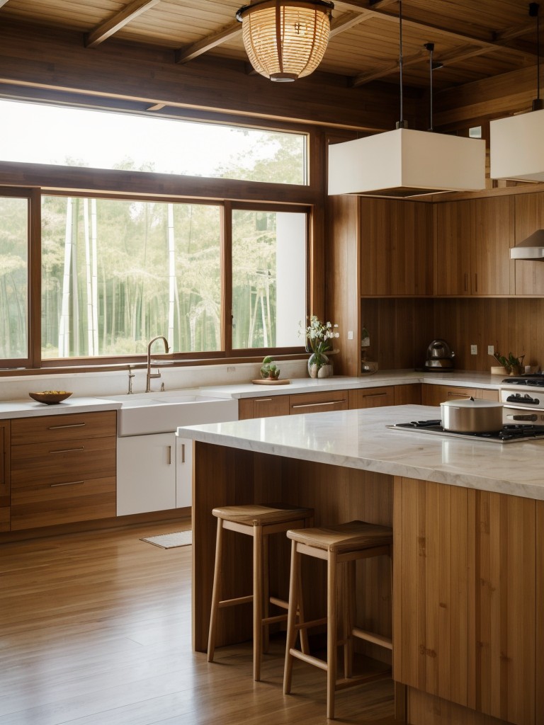 An Asian-inspired kitchen design with clean lines, minimalist furniture, and natural elements like bamboo, stone, or paper lanterns for a serene and Zen-like atmosphere.