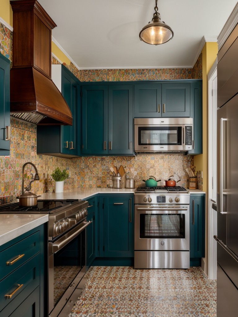 An eclectic kitchen design that combines different materials and patterns, such as patterned tiles, colorful cabinets, and unique light fixtures, for a vibrant and eclectic atmosphere.