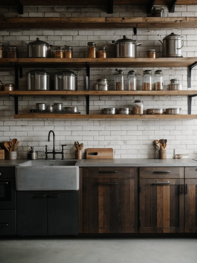 An industrial-style kitchen design featuring exposed brick walls, concrete countertops, and open shelving for a raw and urban aesthetic.