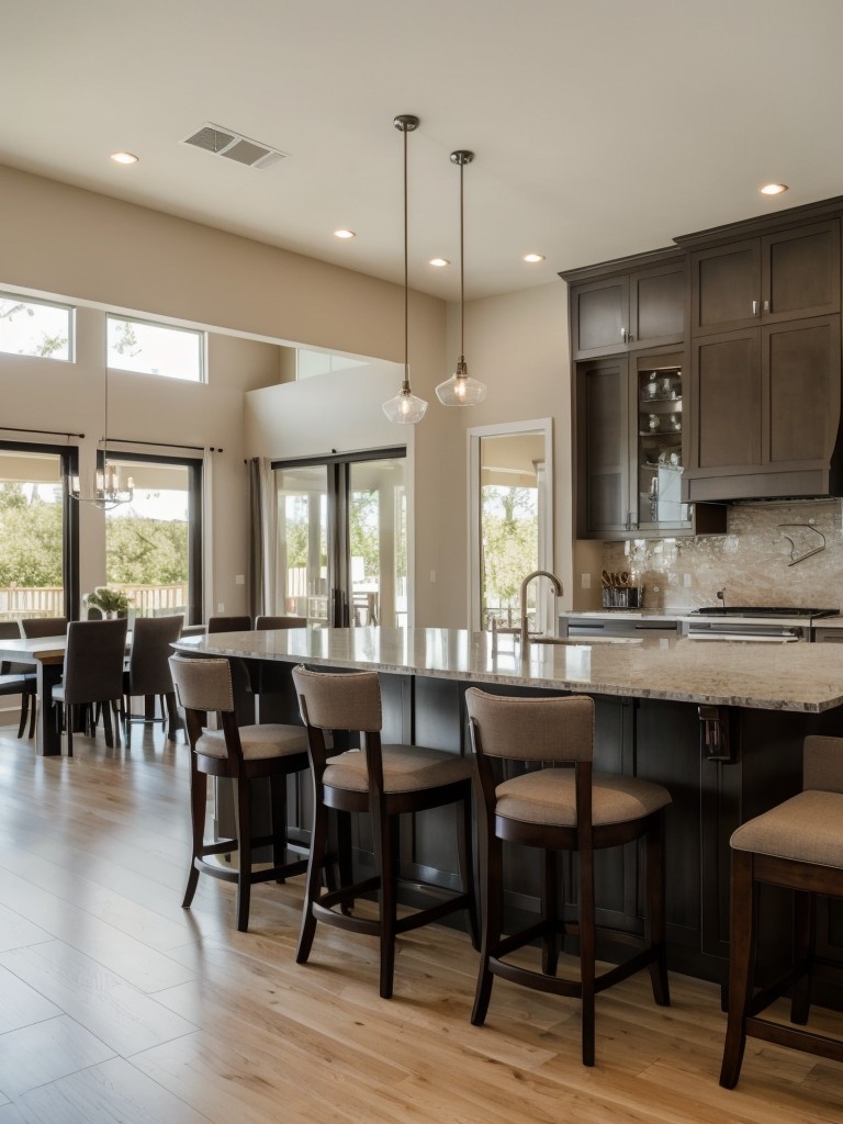 An open-concept kitchen design that integrates seamlessly with the living area, utilizing a kitchen island with bar stools for additional seating and entertaining purposes.