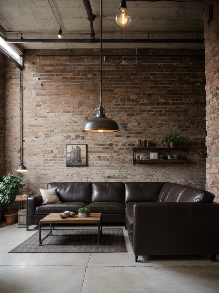 Achieve an industrial-chic living room with exposed brick walls, concrete floors, and vintage-inspired furniture and accessories like leather sofas and metal pendant lights.