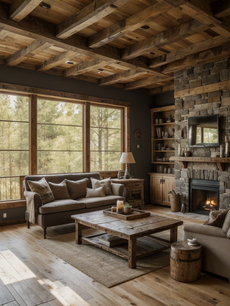 Achieve a rustic-chic living room by combining natural materials like wood and stone, cozy textiles, and vintage-inspired decor elements such as distressed furniture or salvaged items.