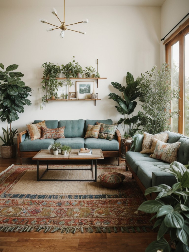 Create a bohemian-inspired living room with eclectic furniture pieces, layered textures through textiles and rugs, and an array of plants and greenery.