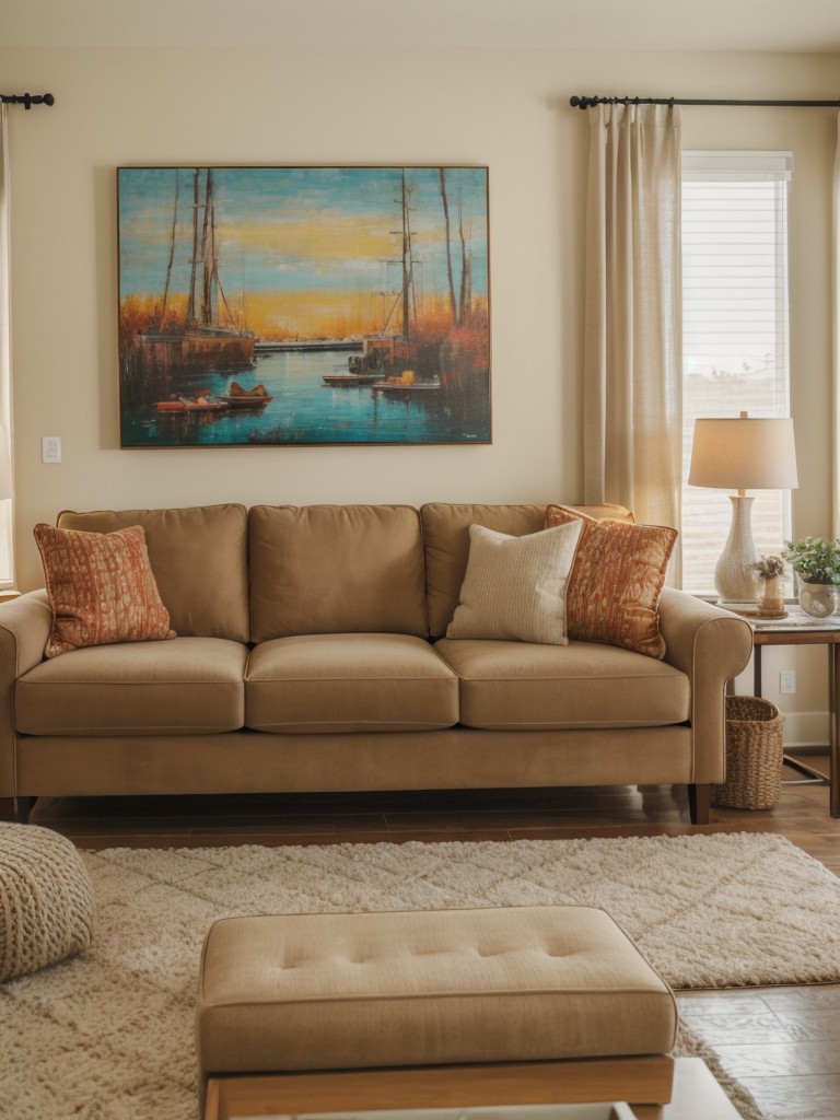 Create a cozy and inviting living room with warm neutrals and plush furniture, accented with vibrant pops of color through artwork and accessories.