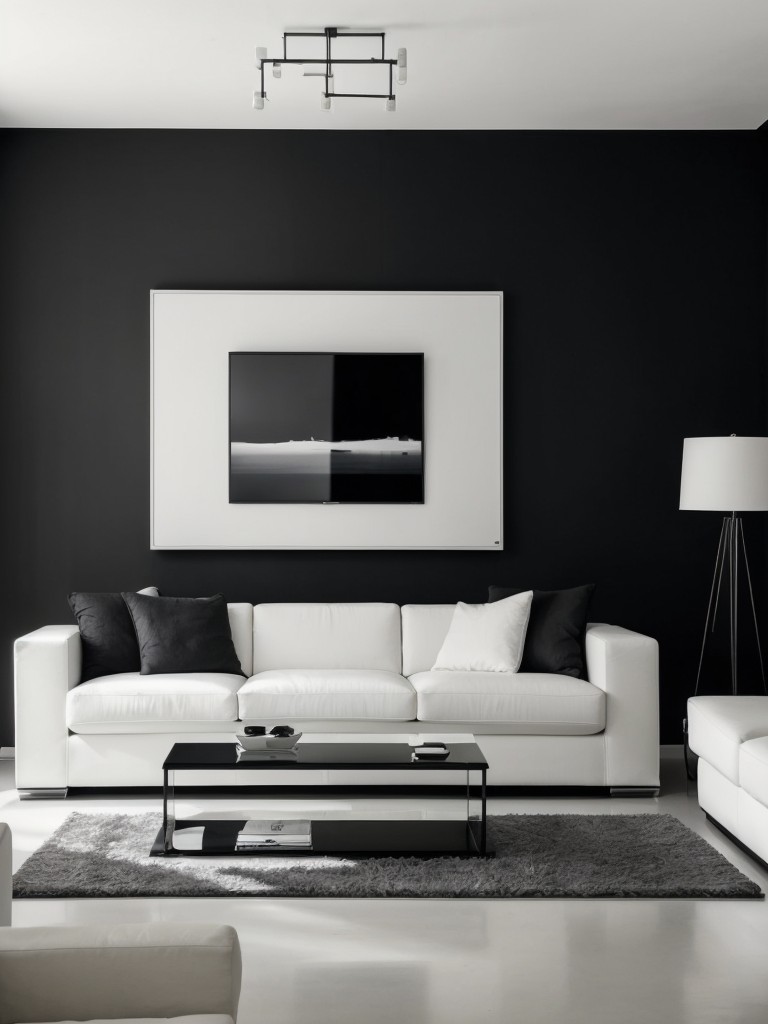 Create a modern and sleek living room with a black and white color scheme, minimalist furniture, and eye-catching statement walls or artwork.