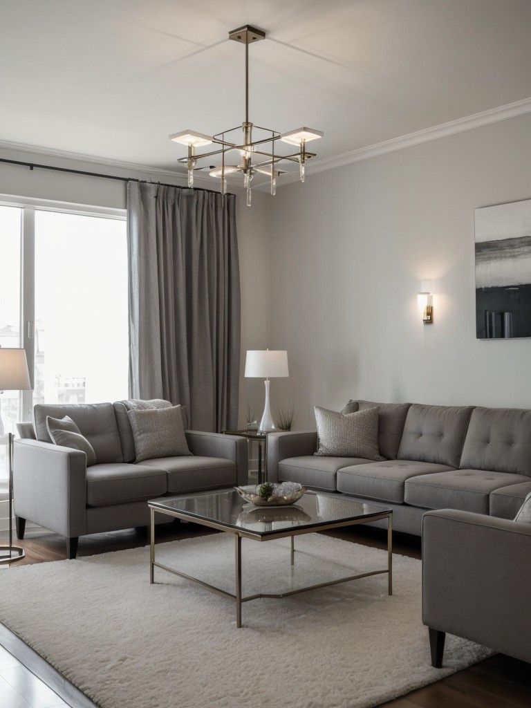 Create a sophisticated and elegant living room with a monochromatic color scheme, minimalist furniture, and elegant lighting fixtures.