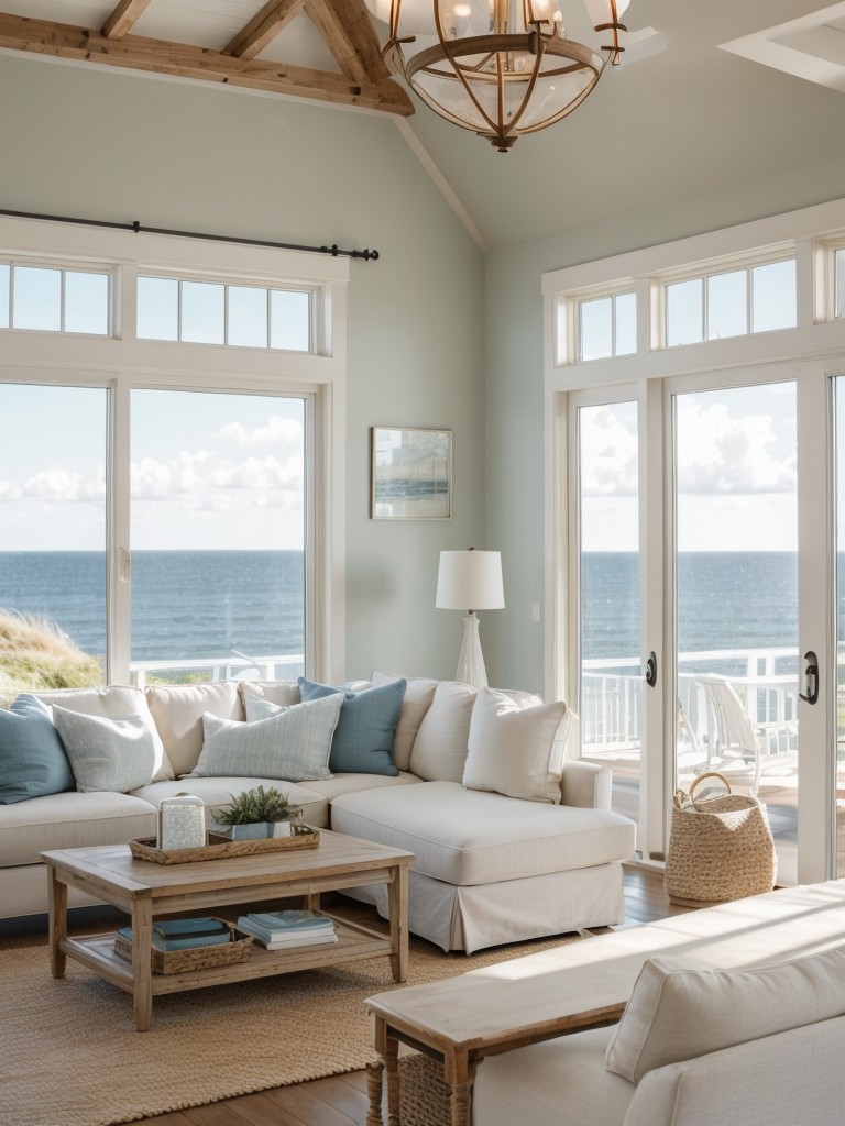 Design a coastal-inspired living room with a light and airy color palette, natural fibers, nautical accents, and large windows to maximize natural light.