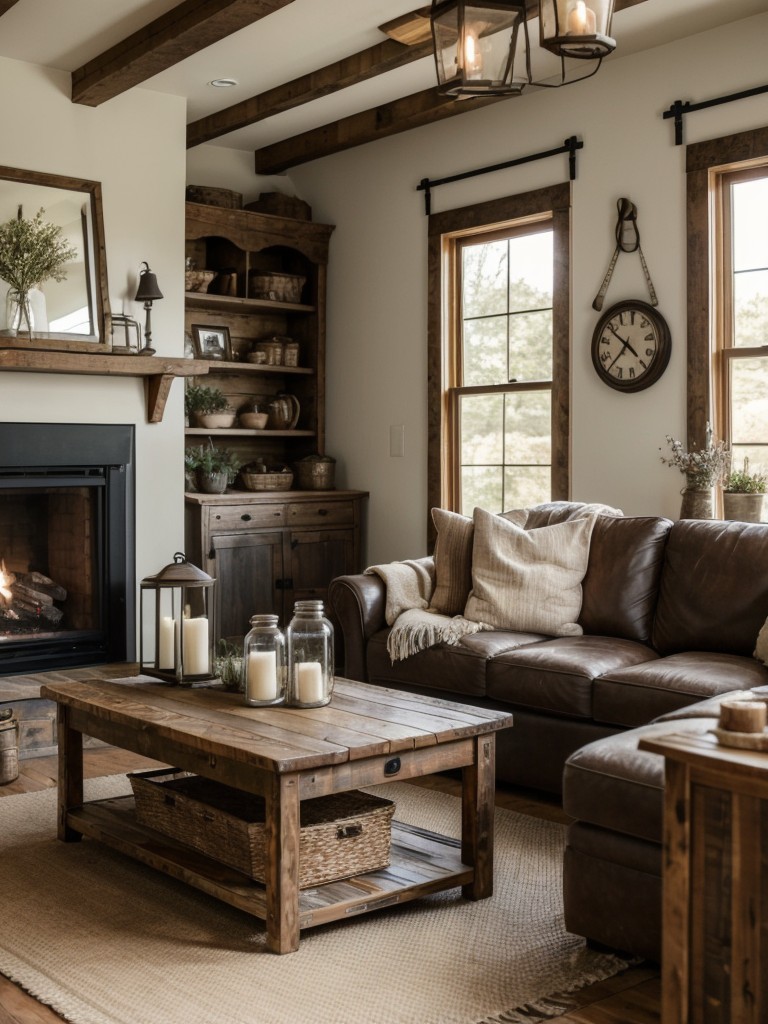 Design a farmhouse-style living room with a cozy fireplace, distressed wood furniture, and vintage-inspired decor like mason jars and barn doors.