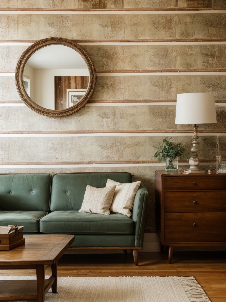 Design a vintage-inspired living room with retro furniture pieces, statement wallpaper, and eclectic decor items like antique mirrors and vintage collectibles.