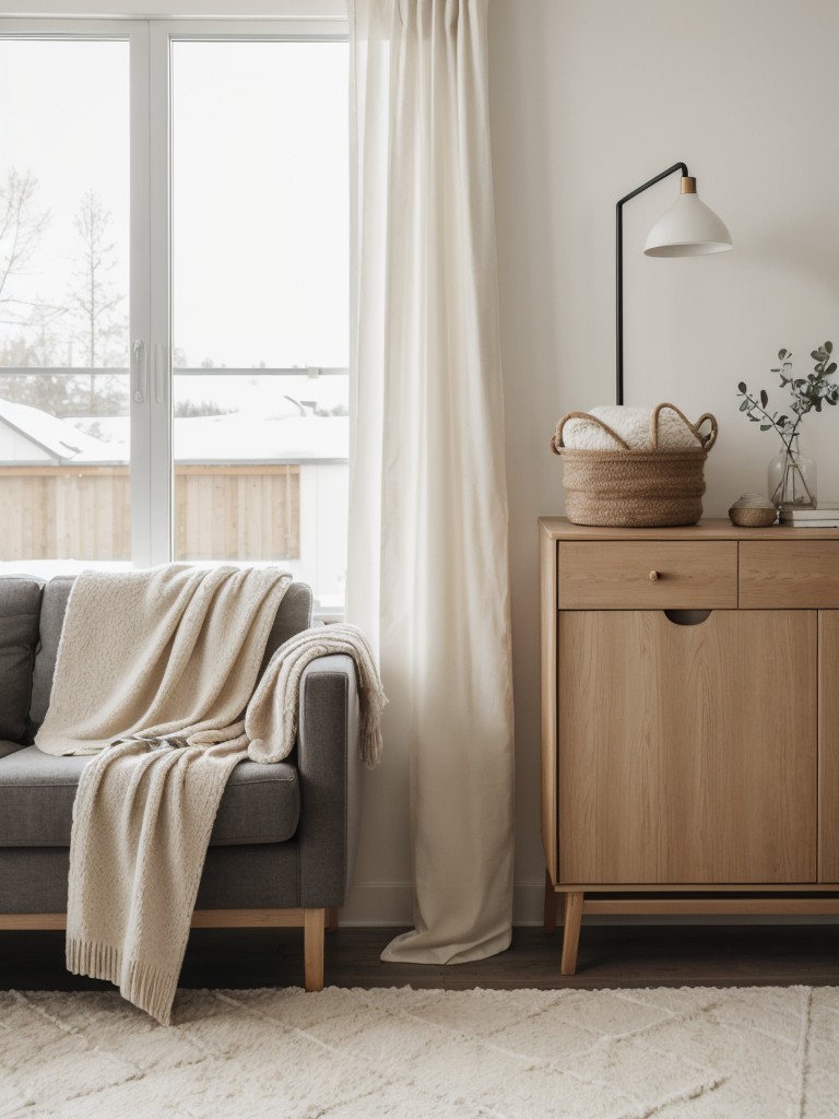 Embrace a Scandinavian design aesthetic with a neutral color palette, natural materials, minimalistic furniture, and plenty of cozy textiles like faux fur and knit blankets.