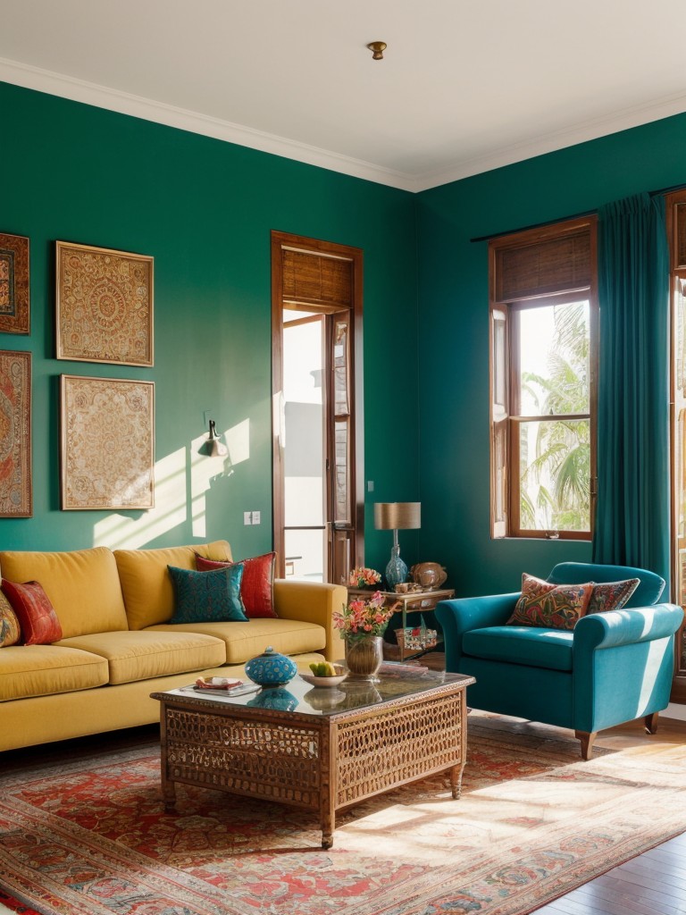 Opt for a global-inspired living room with furniture and decor pieces from different cultures, vibrant colors, and eclectic patterns.