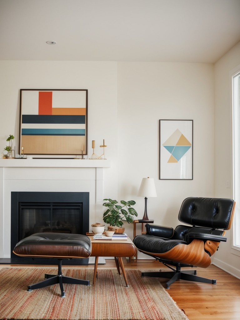Opt for a mid-century modern living room with iconic furniture pieces like an Eames lounge chair, a vibrant color palette, and geometric patterns.