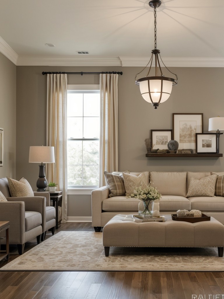 Opt for a transitional living room with a blend of traditional and contemporary elements, characterized by neutral colors, comfortable seating, and elegant lighting fixtures.