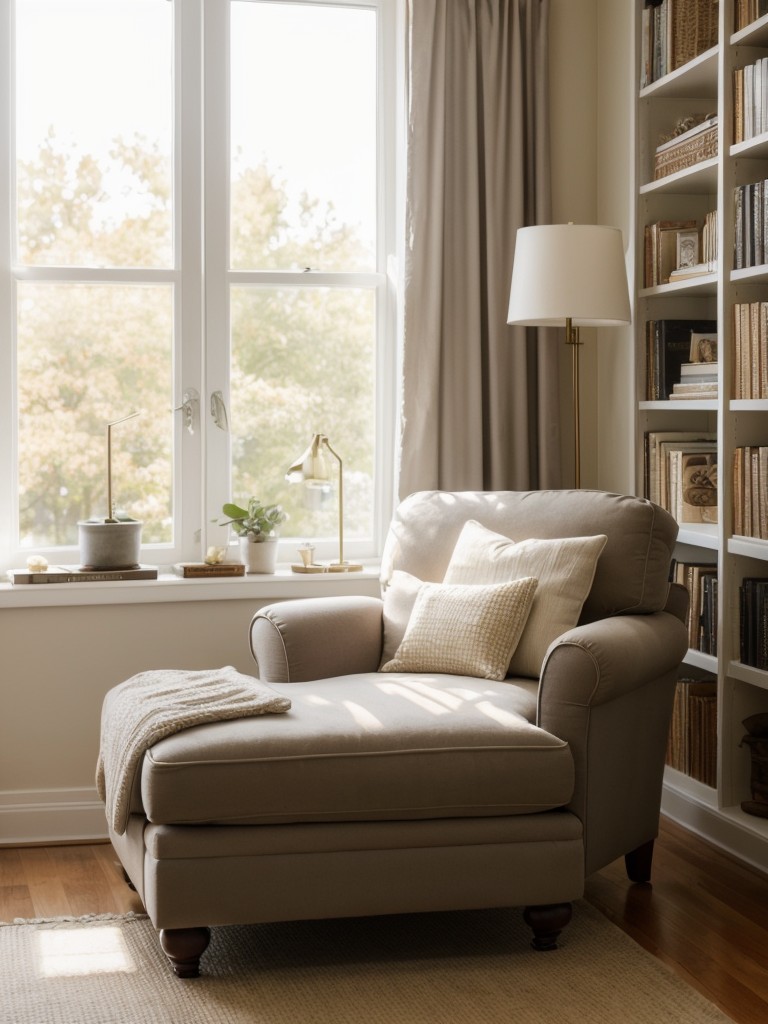 Transform your living room into a cozy reading nook by incorporating a comfortable armchair or chaise lounge, soft lighting, and shelves filled with books and decorative accessories.