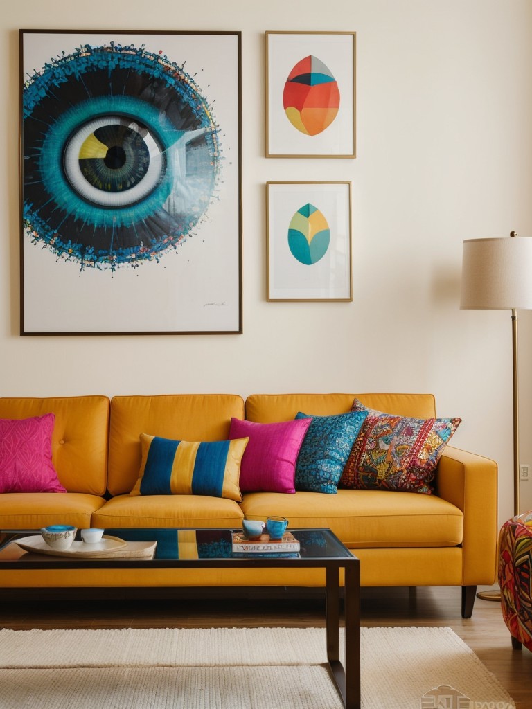 Transform your living room into a vibrant and eclectic space by mixing bold patterns, colorful furniture, and eye-catching accessories like gallery walls and statement lighting.