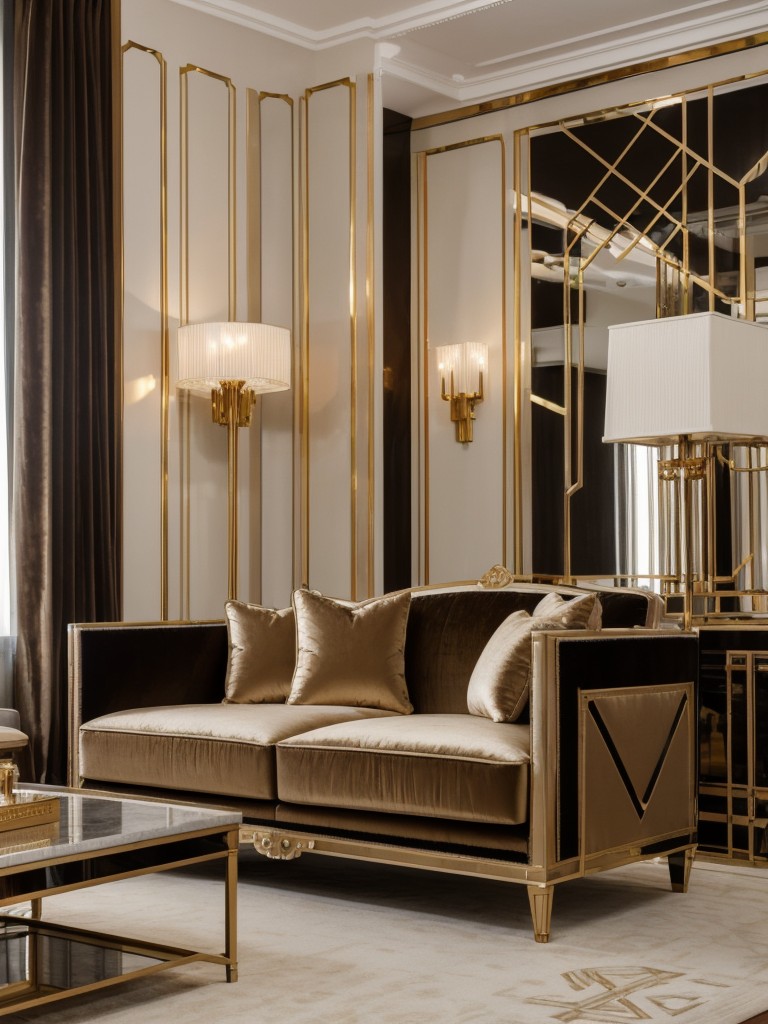 Art deco-inspired apartment living room with luxurious velvet furniture, metallic accents, and geometric patterns for an elegant and glamorous feel.