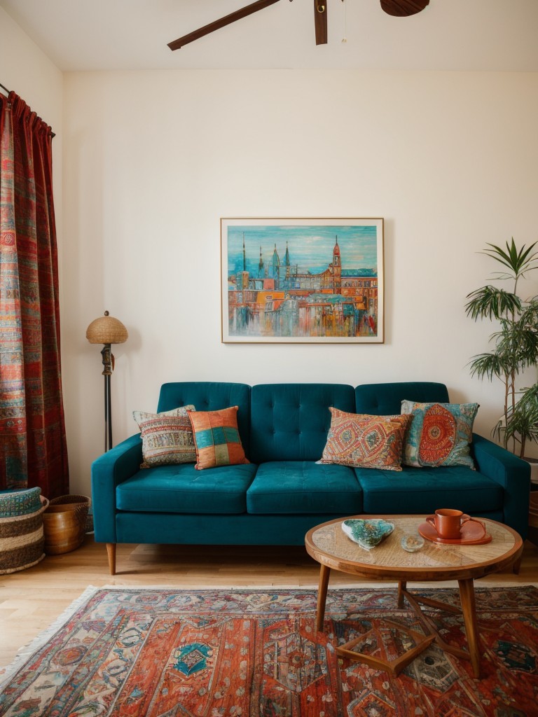 Artistic boho apartment living room with an emphasis on eclectic decor, vibrant colors, and expressive, handmade artwork pieces.