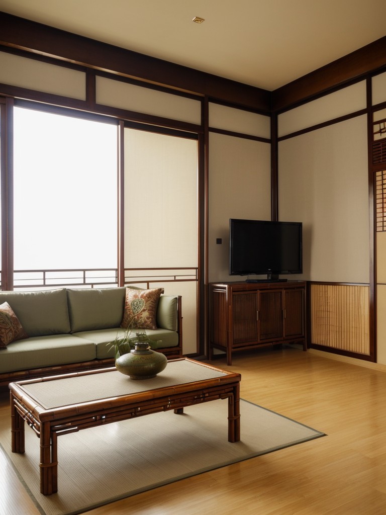 Asian-inspired apartment living room with oriental motifs, bamboo furniture, and serene color palette for a Zen-like atmosphere.