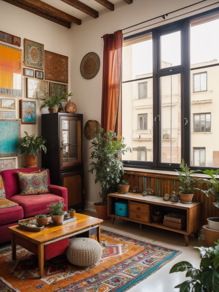 Bohemian-inspired apartment living room with vibrant colors, eclectic patterns, and a mix of vintage and modern elements.