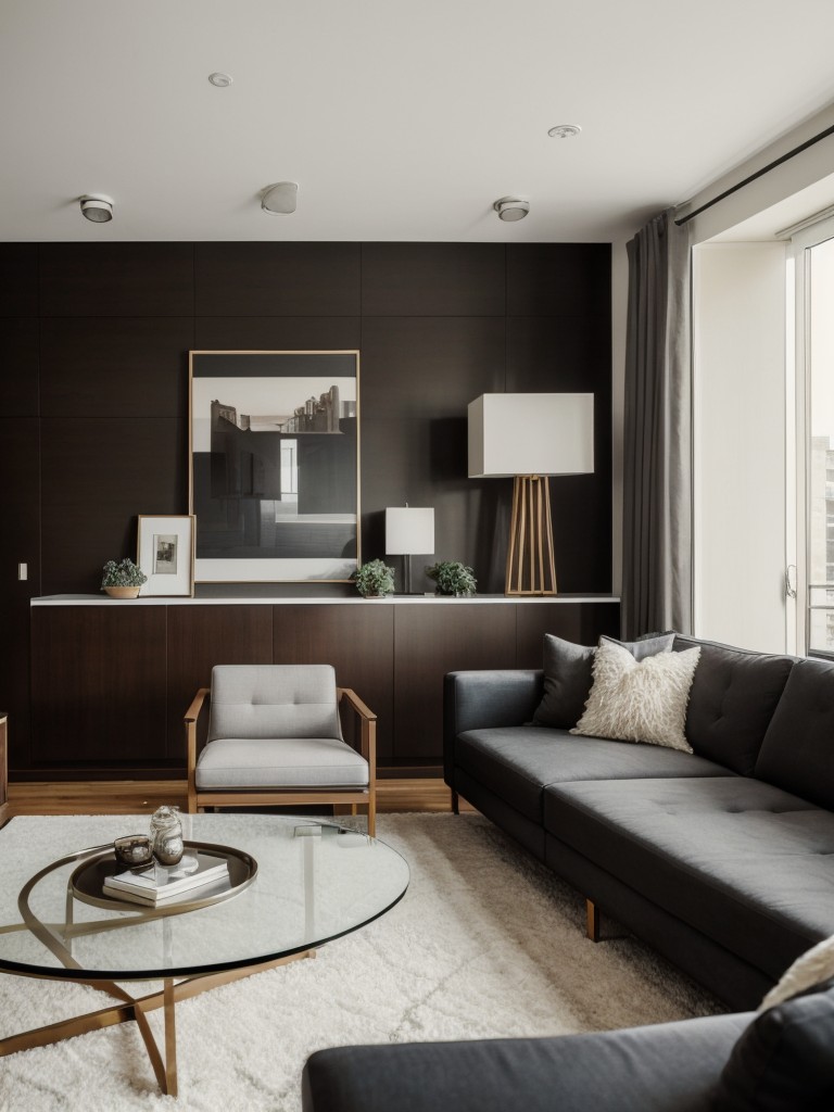 Chic apartment living room with cozy seating arrangements, sleek coffee table, and statement wall art.