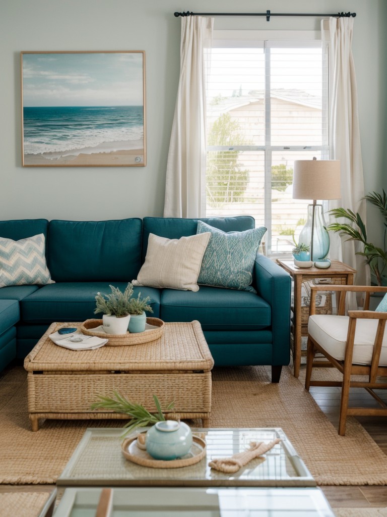 Coastal-inspired apartment living room with a coastal color scheme, beachy decor accents, and plenty of natural textiles for a relaxed vibe.