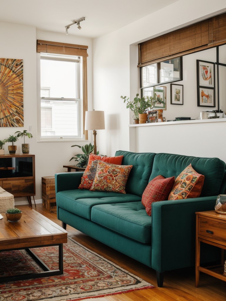 Eclectic apartment living room with a mix of different design styles, bold patterns, and unique furniture pieces for an eclectic and personalized look.