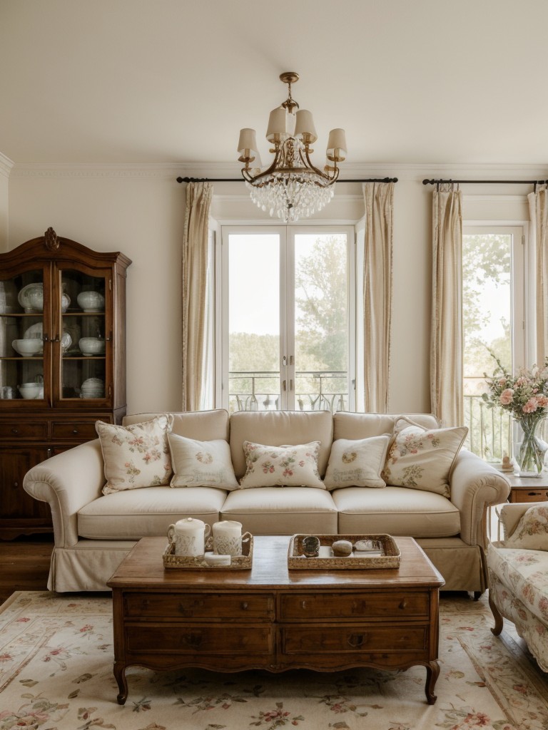 French country-inspired apartment living room with vintage furniture, soft color palette, and floral patterns for a romantic and charming look.