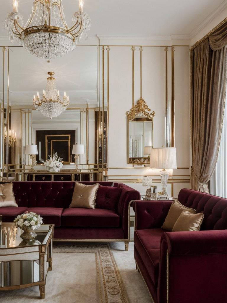 Glamorous Hollywood regency apartment living room with luxurious velvet and tufted furniture, mirrored accents, and crystal chandeliers for a touch of elegance.