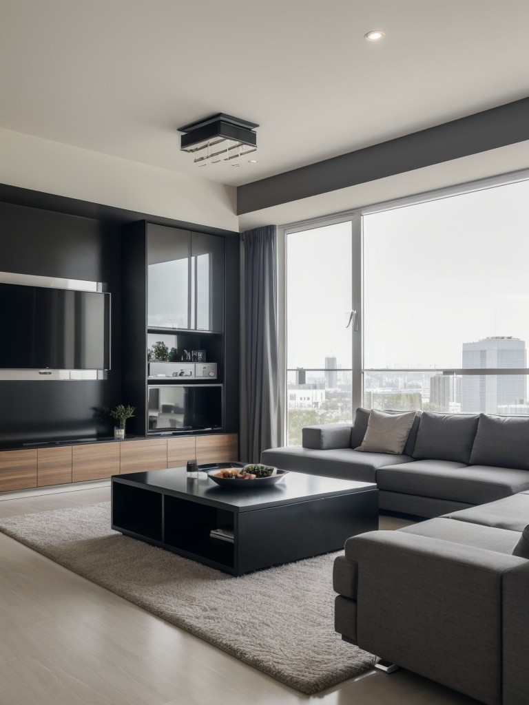 High-tech apartment living room with smart home technology, integrated audiovisual systems, and sleek, futuristic furniture pieces.