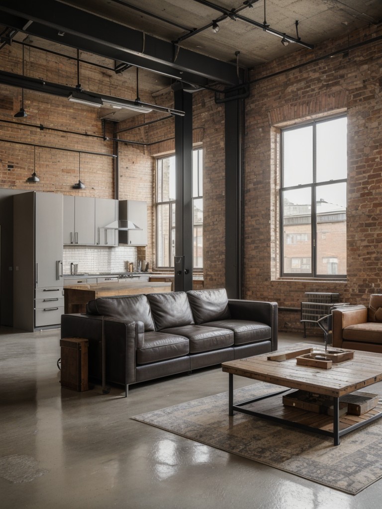 Industrial loft apartment living room with exposed brick walls, concrete floors, and a combination of metal and leather furniture.